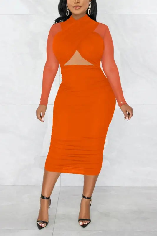 Triangle Cut-Out Shirring Midi Dress (S-2XL) - S / Orange