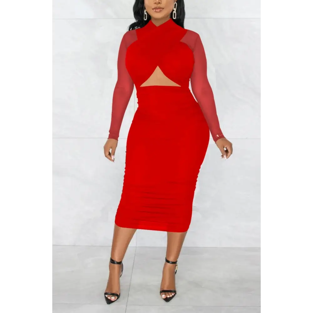 Triangle Cut-Out Shirring Midi Dress (S-2XL) - S / Red