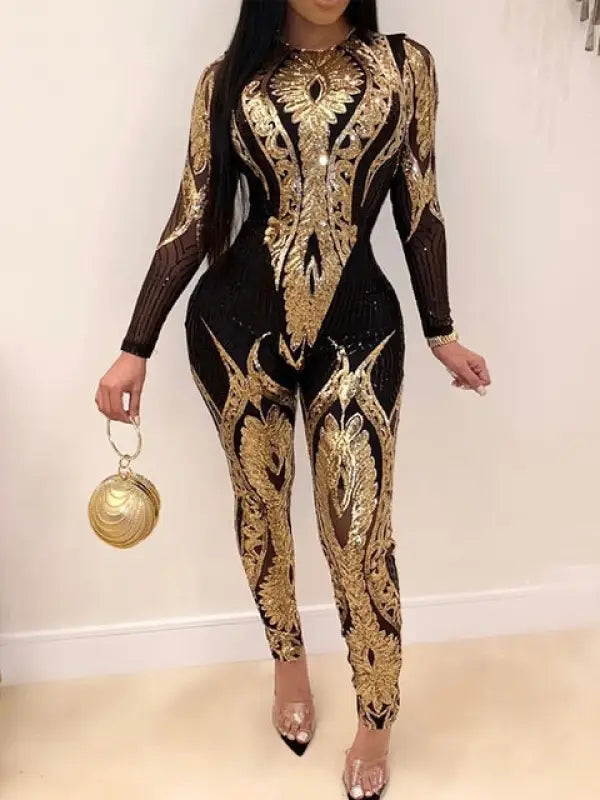 Trophy Wife Sequin Embroidered Jumpsuit (S-3XL) - S / Gold