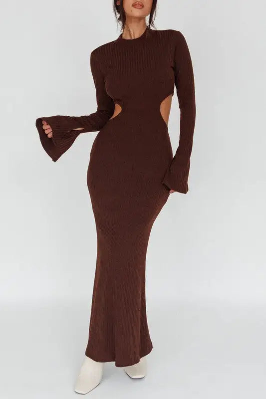 Trumpet Sleeve Cut-Out Waist Knit Maxi Dress - XS / Brown