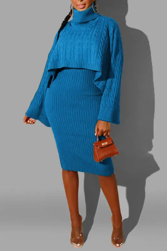Turtle Neck Crop Sweater With Matching Midi Dress - S / Sky