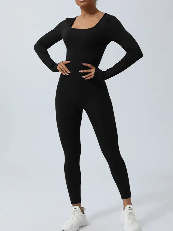 Twisted Backless Long Sleeve Jumpsuit - S / Black - Yoga