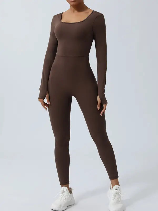Twisted Backless Long Sleeve Jumpsuit - S / Brown - Yoga