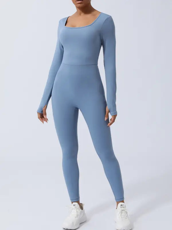 Twisted Backless Long Sleeve Jumpsuit - S / Misty Blue