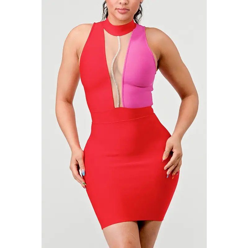 Two-Tone Rhinestone Mini Bandage Dress - S / Red/Pink