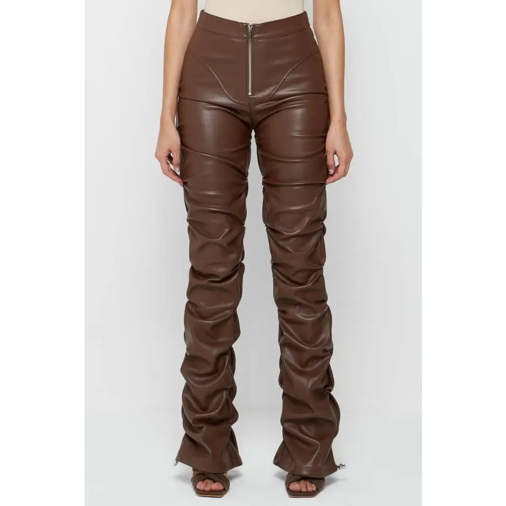 Up and Down Ruching PU Leather Pants - S / Brown