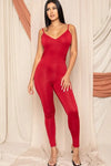 V-Neck Backless Thong Bottom Bodycon Jumpsuit - S / Red
