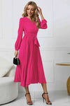 V-Neck Long Sleeve Tie Waist Midi Dress - Hot Pink / S