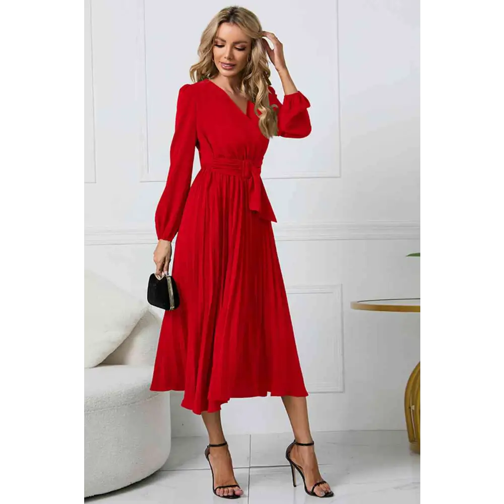 V - Neck Long Sleeve Tie Waist Midi Dress - Red / S