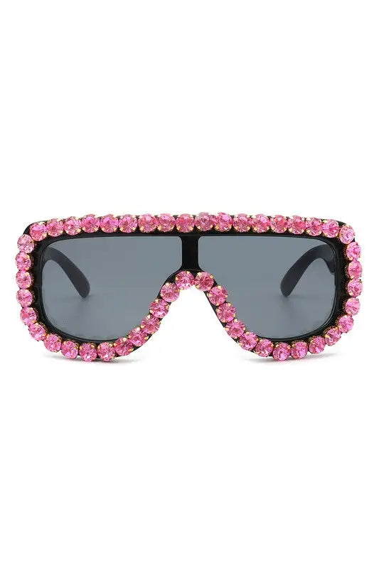 Women Oversize Rhinestone Aviator Sunglasses - Pink