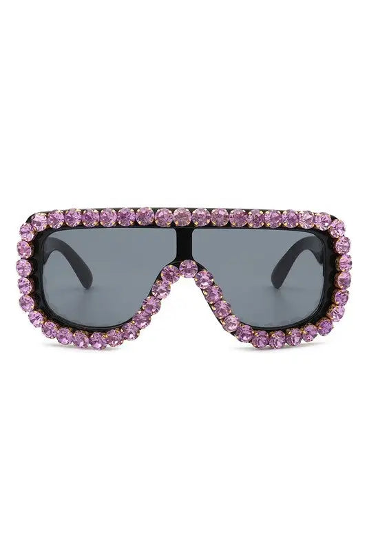 Women Oversize Rhinestone Aviator Sunglasses - Purple