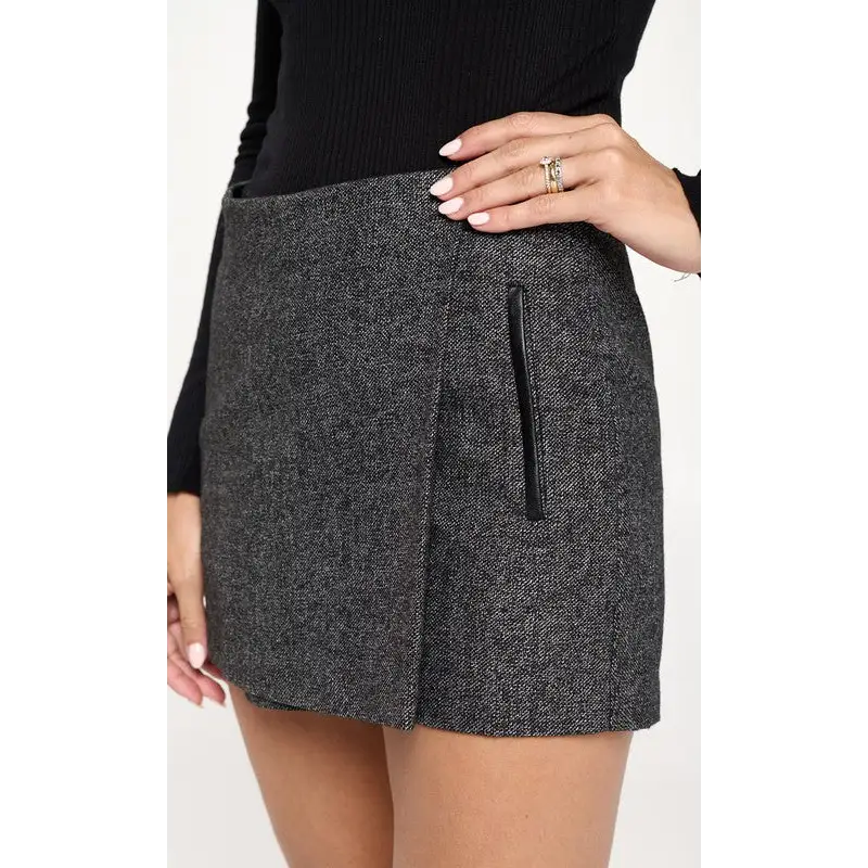 Wool Mini Wrap PU Detailed Skirt Shorts - S / Gray - Skorts