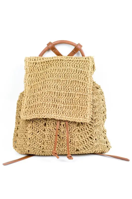 Woven Straw Drawstring Backpack - Backpacks