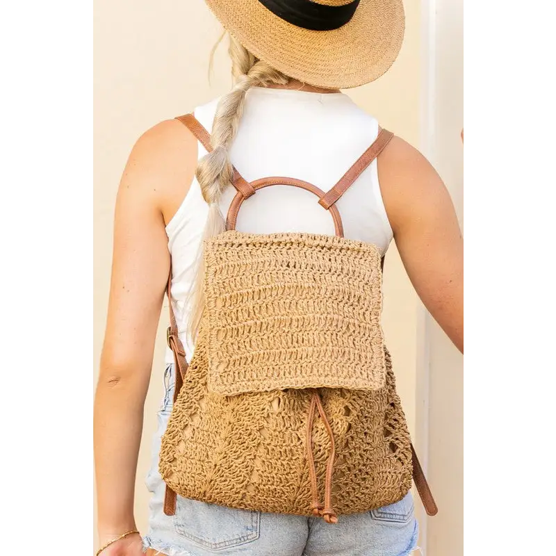 Woven Straw Drawstring Backpack - Khaki - Backpacks