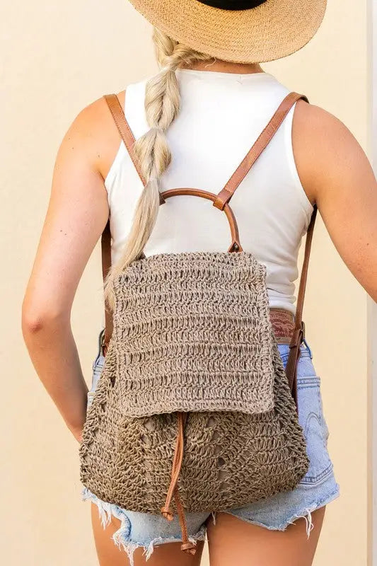Woven Straw Drawstring Backpack - Taupe - Backpacks