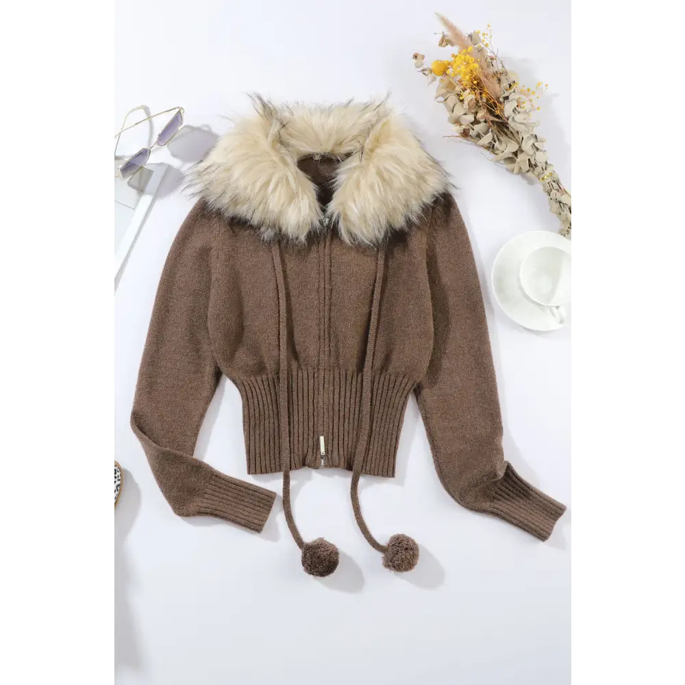 Zip Front Faux Fur Long Sleeve Sweater - XS / Mocha - Zip