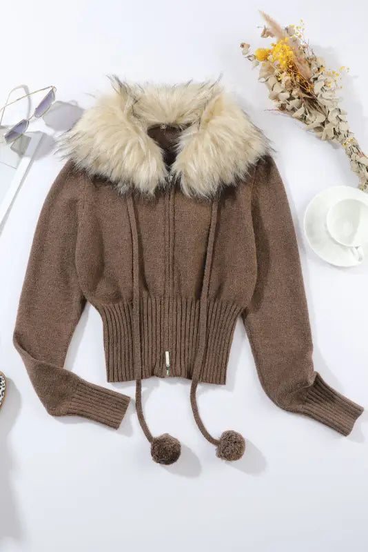 Zip Front Faux Fur Long Sleeve Sweater - XS / Mocha
