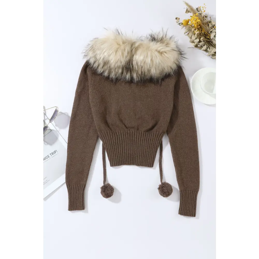 Zip Front Faux Fur Long Sleeve Sweater - Zip - Up Sweaters