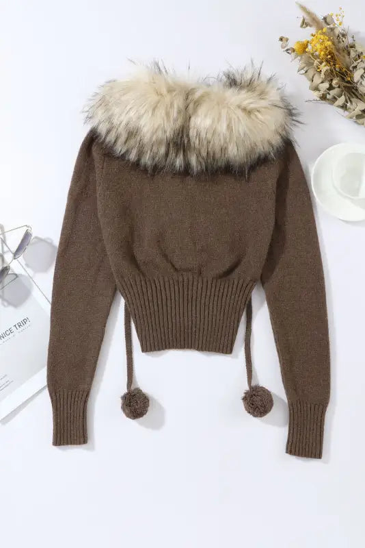 Zip Front Faux Fur Long Sleeve Sweater - Zip-Up Sweaters