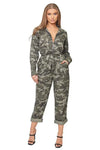 Zip-Up Collared Camo Jumpsuit - S / Gray - Jumpsuits