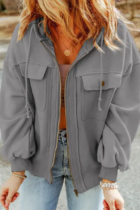 Zip-Up Drawstring Hooded Jacket - Short Jackets