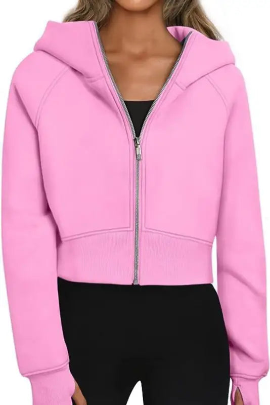 Zip-up Thumb Hole Hooded Sweatshirt - S / Pink - Hoodies