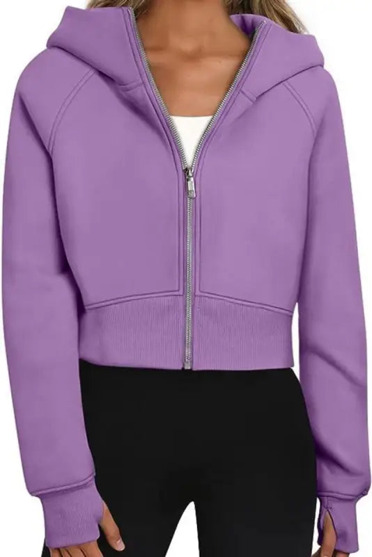 Zip-up Thumb Hole Hooded Sweatshirt - S / Purple - Hoodies