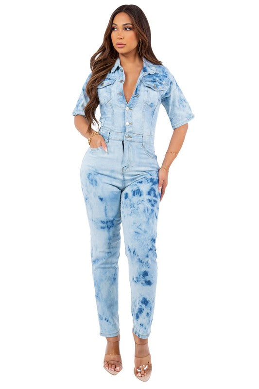 Pocketed Tie Dye Short Sleeve Jumpsuit With Buttons (7962213843172)