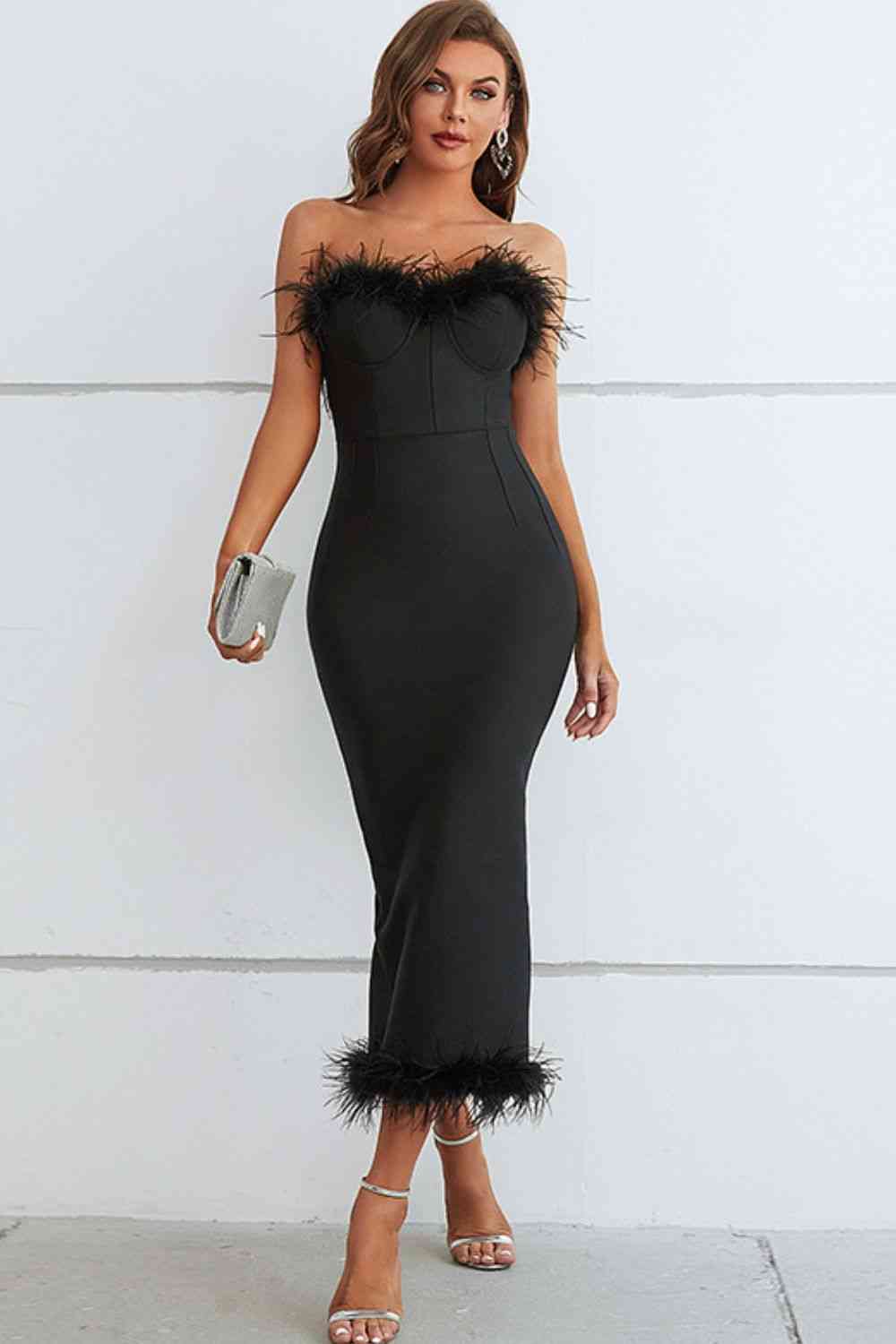 Feather Trim Strapless Sweetheart Neck Dress (8077064077540)