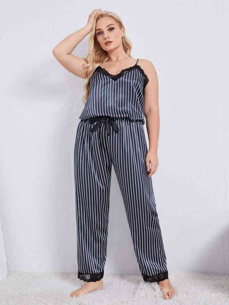 Plus Size Vertical Stripe Lace Trim Cami and Pants Pajama Set (8135945158884)