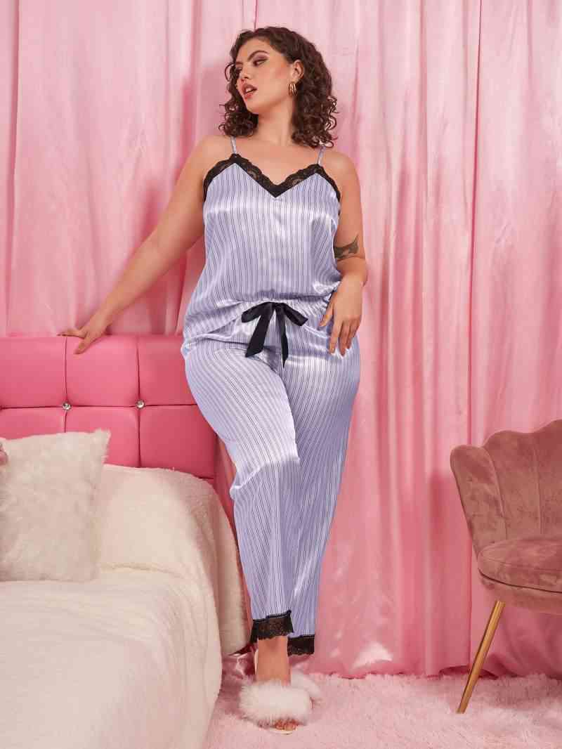 Plus Size Vertical Stripe Lace Trim Cami and Pants Pajama Set (8135945158884)