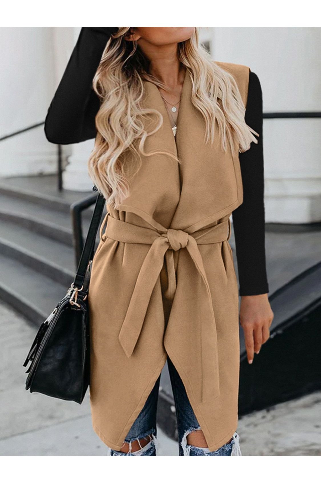 Wide Collar Belted Sleeveless Coat