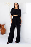 Casual Round Neck Short Sleeve Top and High Waist Trousers Set