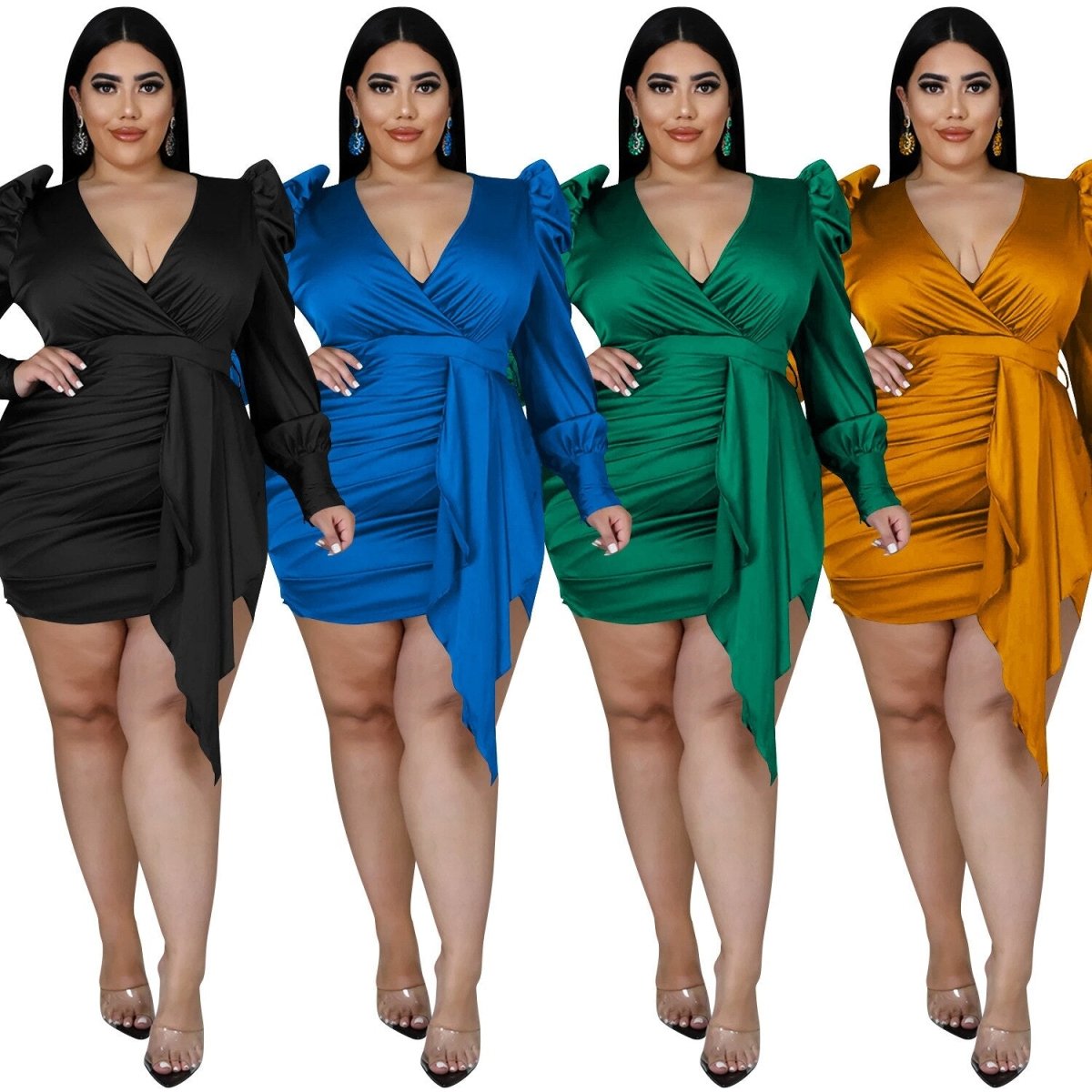  Plus Size Puff Sleeve Sash Belted Bodycon Mini Dress- Sexy women's clothing for day and night wear- Blazing beauty ave (7893514125540)