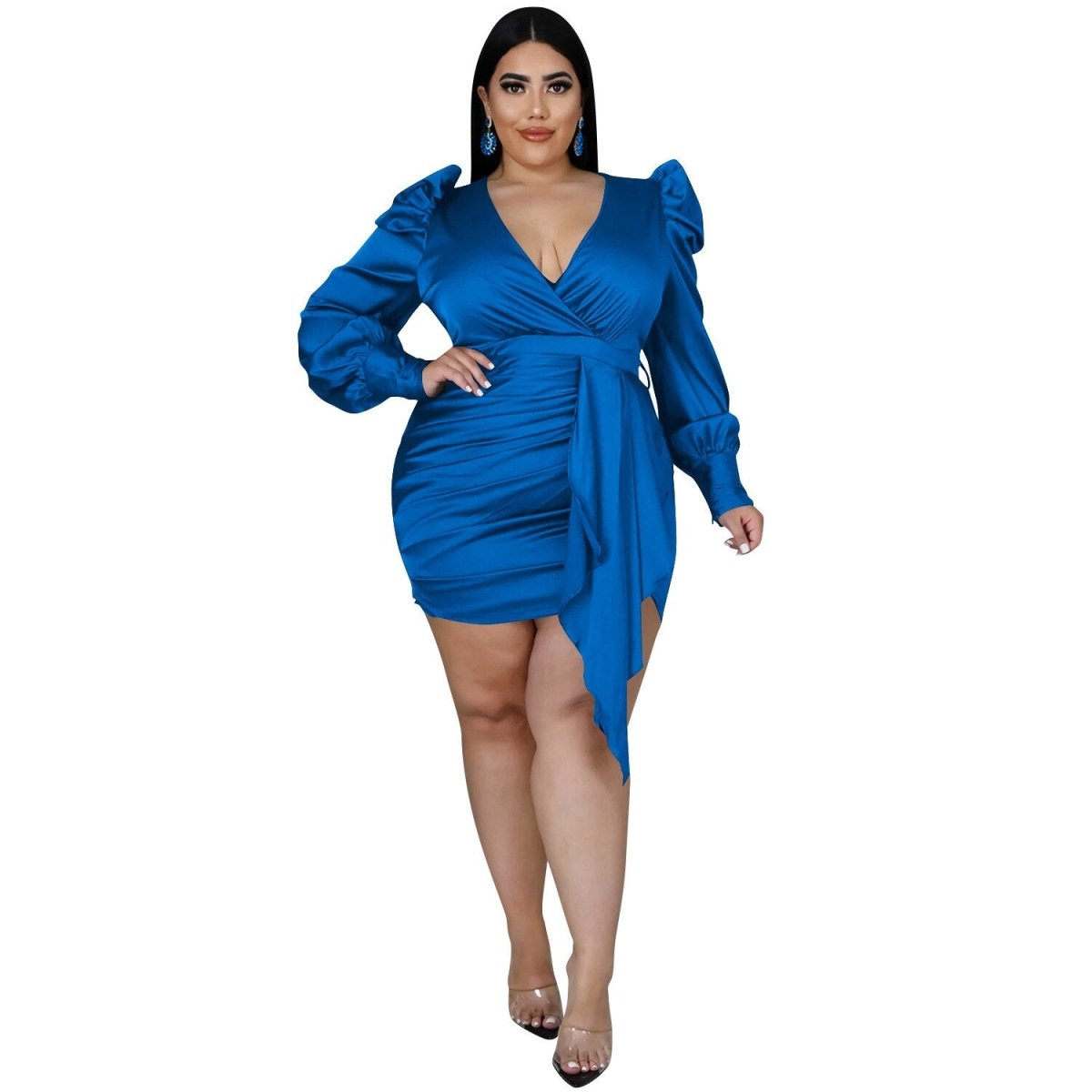 Blue Plus Size Puff Sleeve Sash Belted Bodycon Mini Dress- Sexy women's clothing for day and night wear- Blazing beauty ave (7893514125540)