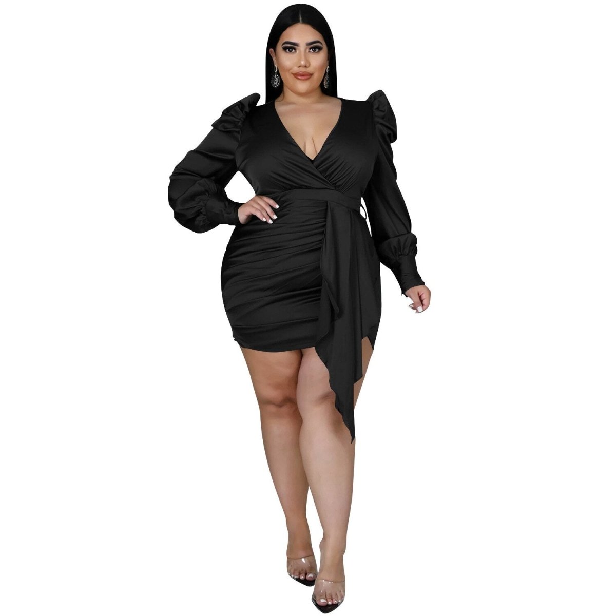 Black Plus Size Puff Sleeve Sash Belted Bodycon Mini Dress- Sexy women's clothing for day and night wear- Blazing beauty ave (7893514125540)