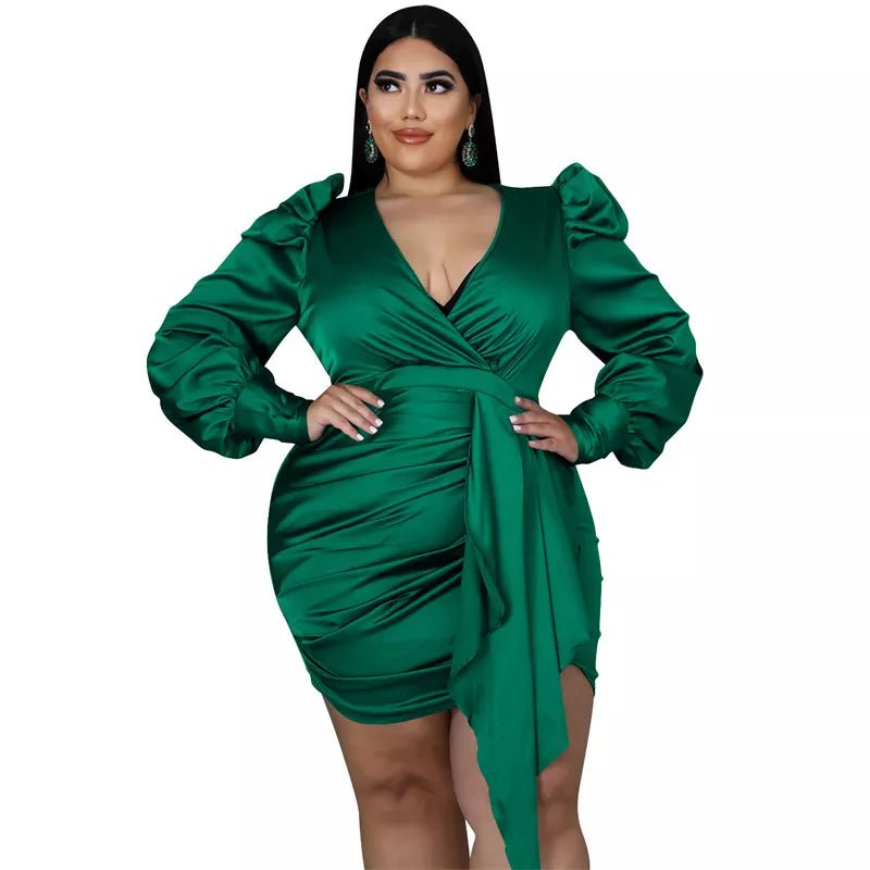 Green Plus Size Puff Sleeve Sash Belted Bodycon Mini Dress- Sexy women's clothing for day and night wear- Blazing beauty ave (7893514125540)
